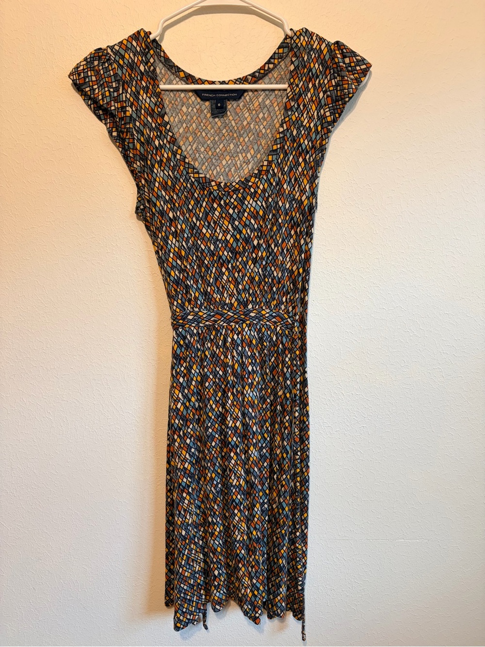 French Connection Size 6 Geometric Print Belted Midi Dress Cap Sleeve